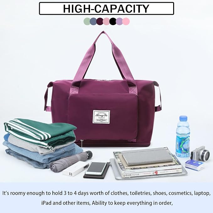 INVODA Travel Bag for Women Expandable Weekender Overnight Bag Carry on Sports Tote Gym Bag Waterproof Foldable Duffel Bag (Fuchsia) - Image 9