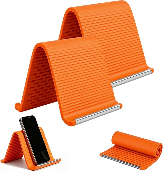 2PCS Flexible Silicone Phone Holder, Foldable Aluminum Phone Stand | Bendable Core Foldable Rollable Phone Holder - Flexible iPhone Stand for Long Travel Accessories - Plane Essentials (Orange) by Unknown