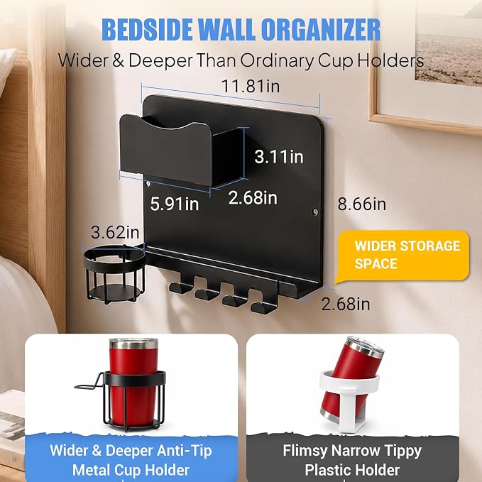 Metal Bedside Wall Shelf, No Drill Floating Bedside Shelf Wall Organizer | Bedside Wall Shelf with Detachable Cup Holder for Bedroom, Dorm, Nightstand Alternative, Bunk Bed Accessories & RV Storage - Image 2