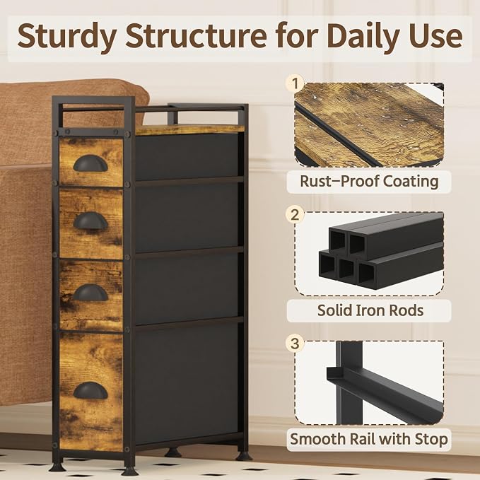 LASZOLA Narrow Cabinet Slim Storage Cart for Bathroom Small Space, Brown | 4 Tiers Skinny Rolling Organizer Shelf with Sturdy Fabric Drawers, Lightweight Mobile on Wheels, Between Washer and Dryer - Image 5