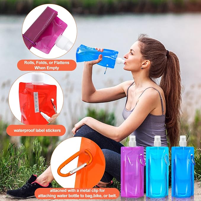 10 Pcs Foldable Water Bottle, 480ml, Collapsible, Leak Proof | Reusable Drinking Bags, BPA Free, with Carabiner for Travel, Gym, Camping, Hiking - Image 3