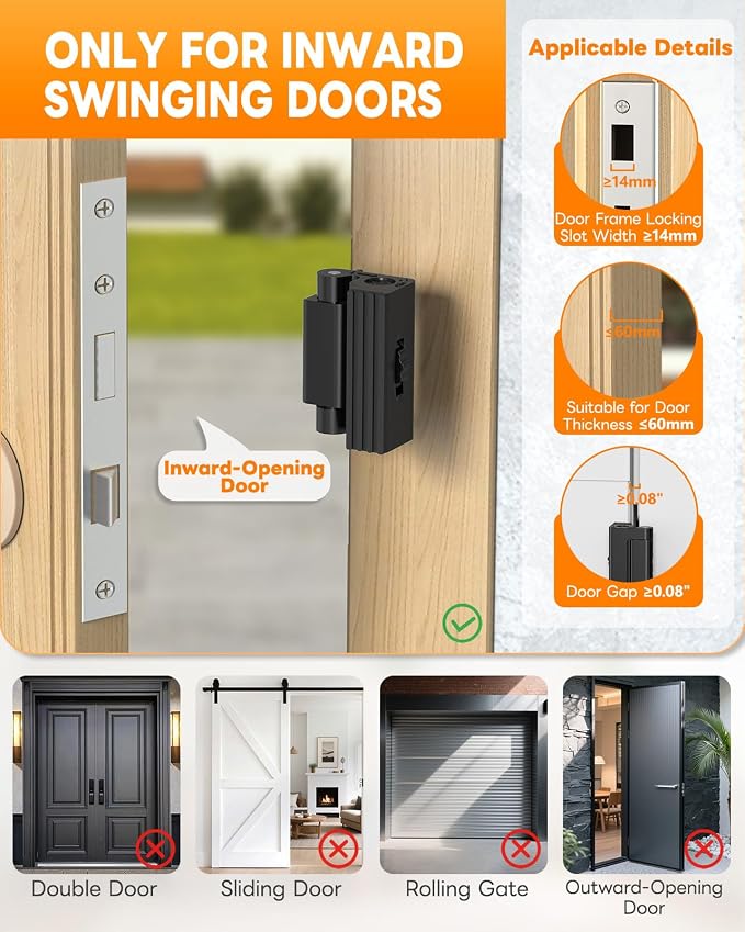 Portable Door Reinforcement Lock for Travel & Home, No Screws Instant Install Safety Lock for Inward Swing Front Door, Hotel, Apartment - Extra Latch from Inside Withstand 800lbs (Black-3PCS) - Image 7
