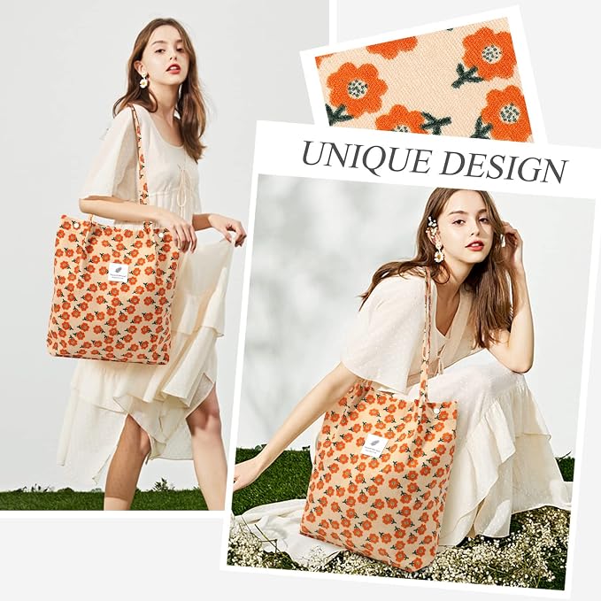LHMTQVK Corduroy Tote Bags for Women, Large Capacity Tote Purse Reusable Grocery Shoulder Bag with Inner Pockets - Image 2