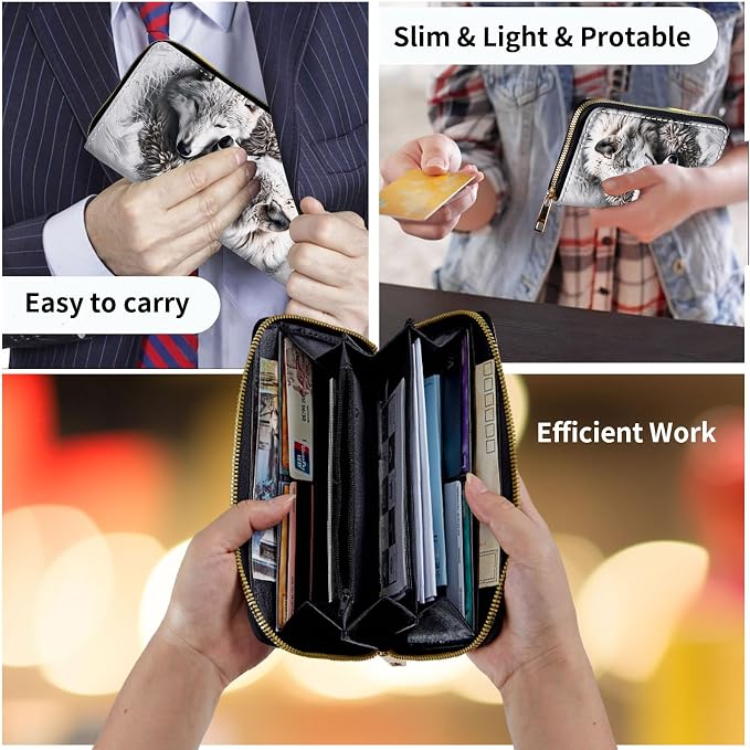 Wallet,Leather Long Wallet Suitable For Ladies And Teenagers - Detachable Wristband + RFID Travel Wallet With Card Slot - Wolves Family - Image 7