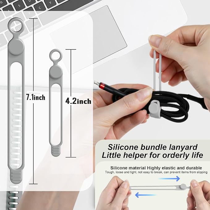Silicone Cable Ties, Cord Organizer Cable Management,2Sizes-Grey | Reusable Cord Ties for Electronics, Office Desk Accessories, Home Travel Essentials, Easy to Use, 4.2 Inch & 7.1 Inch-16Pcs - Image 2