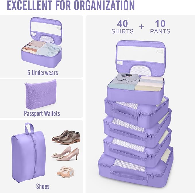 Veken 10 Set Packing Cubes for Travel Essentials,Anti-Wrinkle Buckled Suitcase Organizer for Shoe & Toiletry Bag,Carry On Luggage Bag with 99+ Count Mesh Holes for Airplane & College Dorm Accessories - Image 5