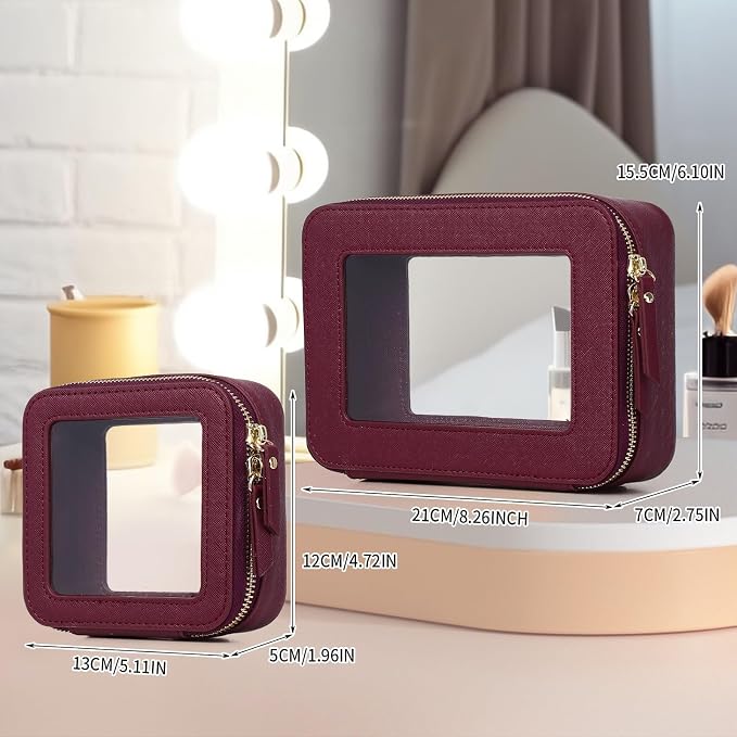 Pinkmik Clear Makeup Bag, (Burgundy, M+MINI) | 2PC,Waterproof, Travel Case for Cosmetics and Toiletries, Women's Purse Organizer, Clear Car Bag with Zipper - Image 4