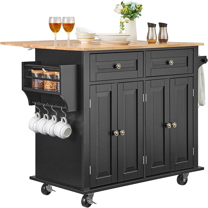 VEVOR Kitchen Island Cart, 35" Wood Top Mobile Carts with Storage Cabinet, Rolling Table with Drop Leaf, Spice Rack, Towel Bar, Adjustable Shelf, Drawer, and Hooks, Portable Islands on Wheels, Black | Rolling Table with Drop Leaf, Spice Rack, Towel Bar... - Image 9