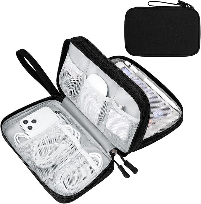 FYY Electronic Organizer, Travel Tech Pouch Bag, Large, Black | Wrist Strap, Waterproof, Double Layers Portable Electronics Travel Carrying Case for Cord, Charger, Daily Business Trips Use by FYY