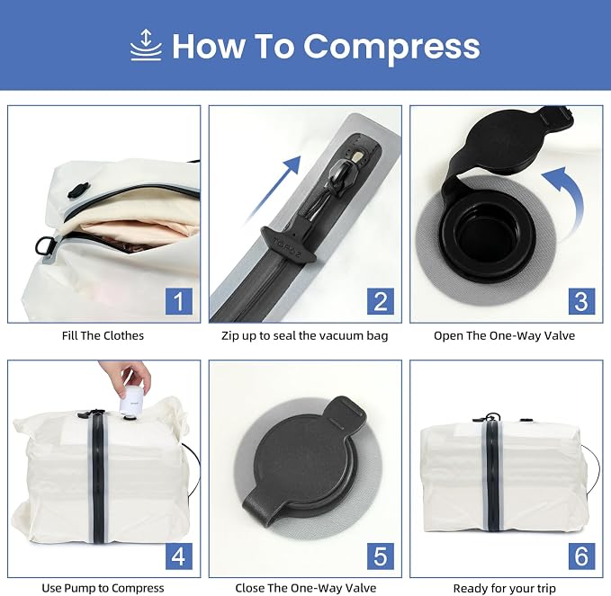 BAGAIL TPU Vacuum Bag for Travel, Reusable Compression Bag with IPX8 Waterproof Zipper, Save Space for Suitcase, Backpack and Carry on (Cream, ExtraLarge, With Pump) - Image 6