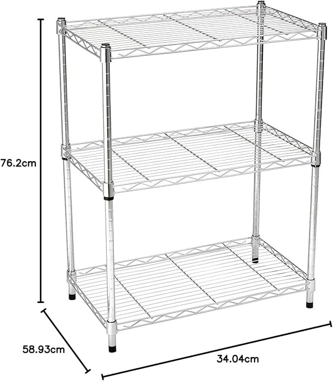 Amazon Basics 3-Shelf Adjustable Heavy Duty Steel Wire Shelving Rack with Chrome Finish, No-Tool Assembly, 250 lbs per Shelf, 23.2" L x 13.4" W x 30" H - Image 3