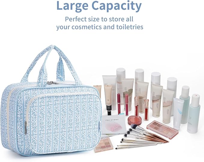 Narwey Travel Toiletry Bag for Women Large Hanging Makeup Bag Organizer Toiletries Bag for Full Size Essentials Accessories Cosmetics (Blue Flower Buds (Large)) - Image 7