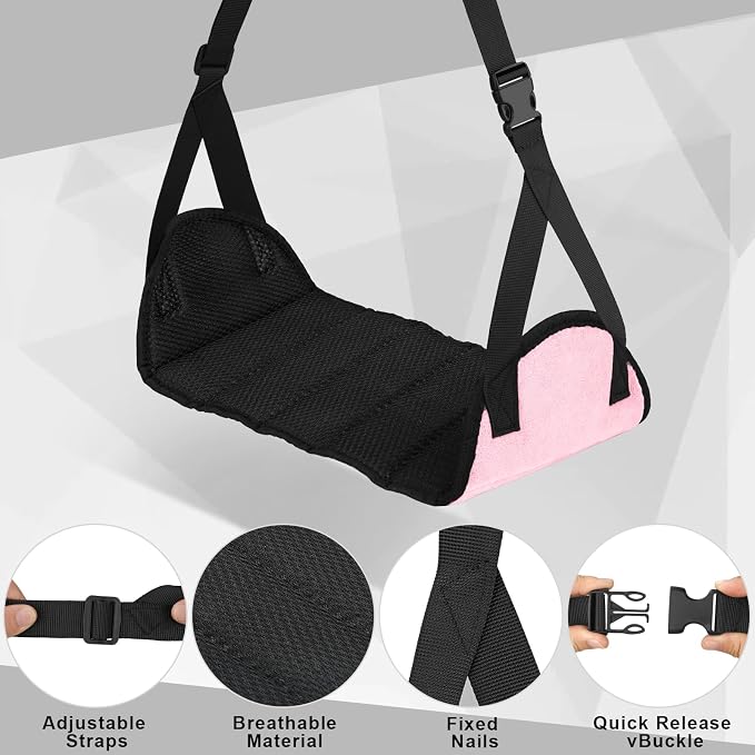 Airplane Foot Rest (Travel Comfortably), Pink Nylon Foot Hammock with Adjustable Metal Frame, Perfect for Airplane, Train, or Office Use - Image 2
