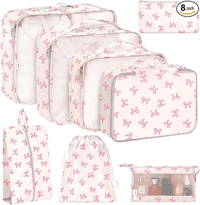 KPX 8 Set Packing Cubes for Travel, Luggage Packing Organizers Accessories Large Toiletries Bag for Clothes Shoes Cosmetics (8Set-Pink Bow) by KPX