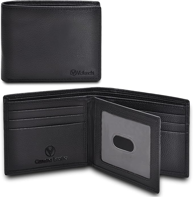 VALENCHI Genuine/Real Leather Bifold Wallet For Men - RFID Blocking/Protected Men's Slim Wallet - Christmas Gifts For Men (Black Pebble BF02) by VALENCHI