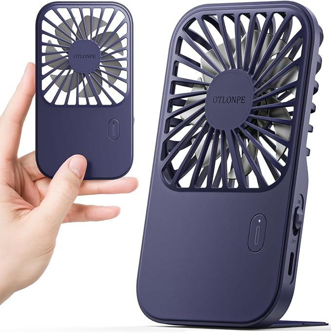 Otlonpe Rechargeable Mini Portable Handheld Fan, Small Personal Battery Powered Handheld Portable Fans for Hand Held Desktop Travel, Foldable Stand, Slim Cordless, Wrist Strap, 3-Speed (Blue) by OTLONPE