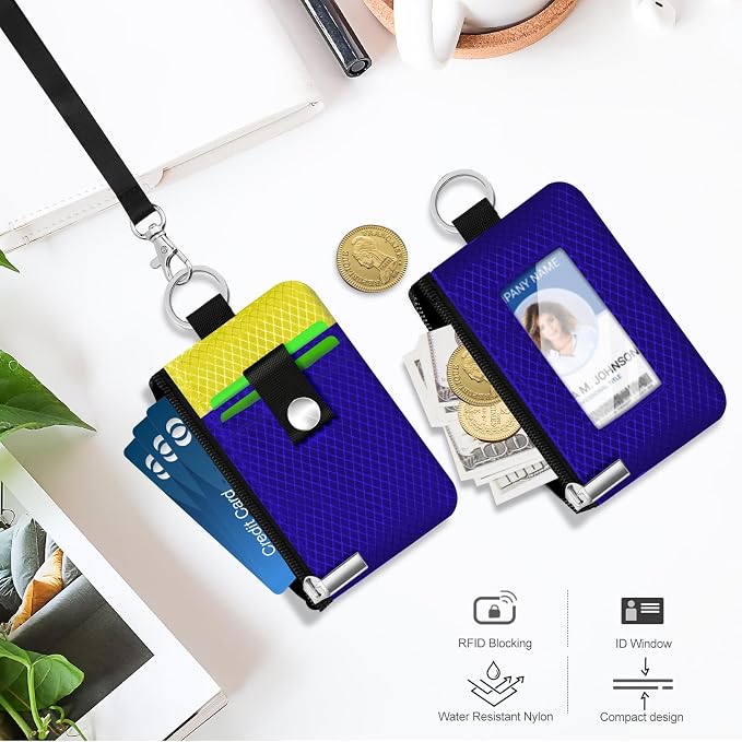 Minimalist RFID Blocking Small Wallet with ID Window,WaterResistant Zip Id Case Wallet with Lanyard Keychain for Cards,Cash,Travel,Women,Men (Sapphire Blue/Lemon Yellow) - Image 8