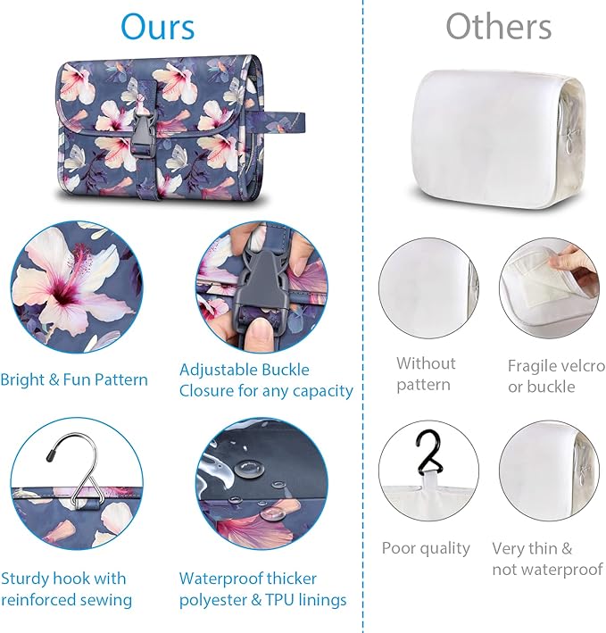 FINTIE Portable Toiletry Cosmetic Travel Bag Hanging Makeup Organizer | Large Water Resistant Storage Pouch Case, For Women Girls, Blooming Hibiscus - Image 4