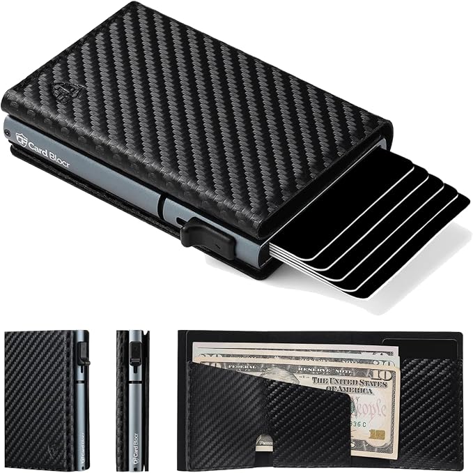 Pop Up Wallet for Men RFID Slim Card Holder Black Carbon | Holds 4-6 Cards with Cash & ID Storage, Featuring One Click Metal Card Ejector & Slim Carbon Design for Daily Carry by ConcealPlus