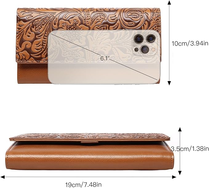 GOIACII Wristlet Wallets for Women RFID Blocking Western Clutch Brown | Embossed Leather, Vintage Design, Trifold, Large Billfolds, Ladies Purses with Zipper Coin Pocket - Image 6