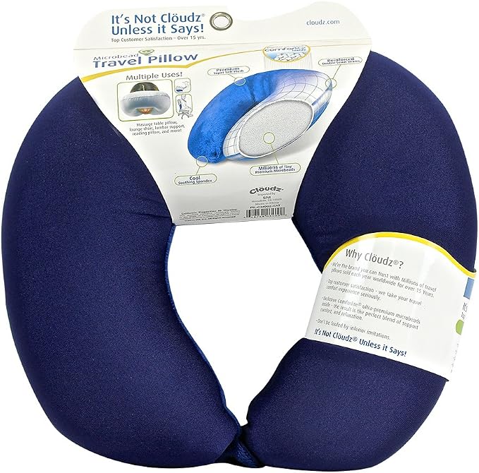 Dual Comfort Microbead Airplane Travel Neck Pillow. Super Soft Cozy Plush Fabric on One Side, Cool Relaxing Spandex on The Other! Customize Your Comfort and Support at Home or On The Go!- Blue - Image 2