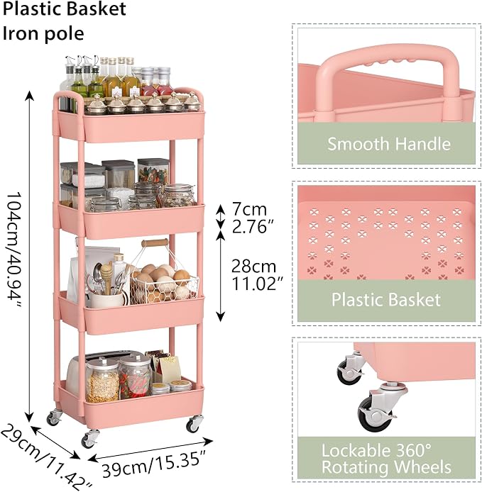 Sywhitta 4-Tier Plastic Rolling Utility Cart with Wheels for Storage, Pink | Multi-Functional Storage Trolley, for Office, Living Room, Kitchen, Bathroom,Movable Organizer,Space-Saving,Easy to assemble - Image 2