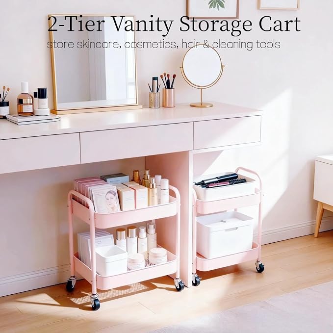 Pink 2 Tier Rolling Cart Metal with Wheels Under Desk Storage Cart for Small Space Organization, Small Trolley for Pantry Room Laundry Bathroom Kitchen Office Art Snack Baby Supplies - Image 7