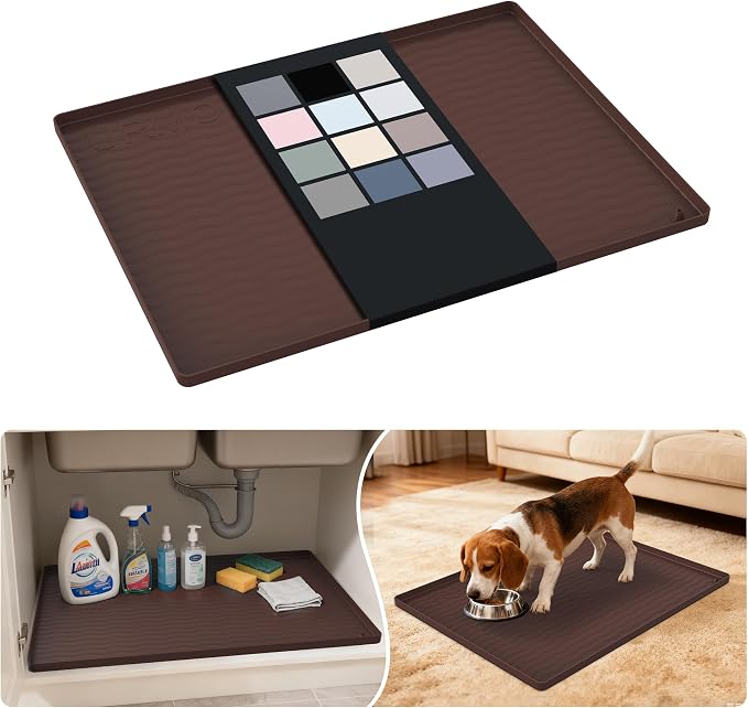 URMONA Waterproof Silicone Under Sink Mat 25'' x 19'' Shelf Liner for Kitchen and Bathroom, Cabinet and Counter Protector, Storage and Organizers, Litter Mat, Pet Cat Puppy Essentials(Brown) by URMONA