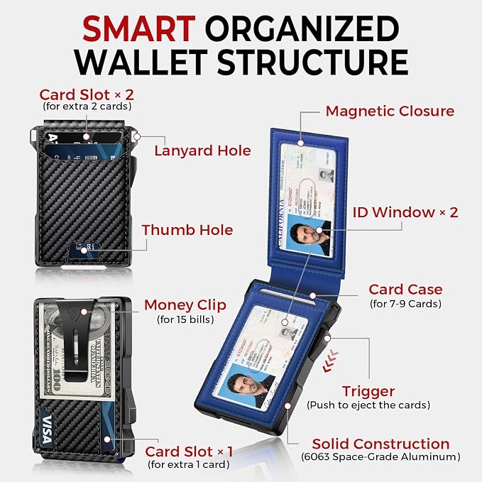 RUNBOX Wallet for Men, Mens Minimalist Wallet Holds 14 Cards, Compact Pop Up Wallet with Dual ID Windows & Money Clip, RFID Blocking Flip Up Card Holder, Metal Aluminum Credit Card Case Bifold Wallet - Image 5