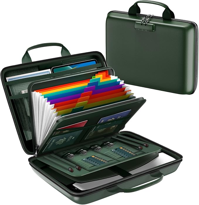Fireproof Document Box, Hard Case Fireproof File Organizer Box with Lock and 13 Pocket Accordion File Folder, Portable Safe Box for Home Office Travel to Storage Important Documents Laptop Green by Unknown