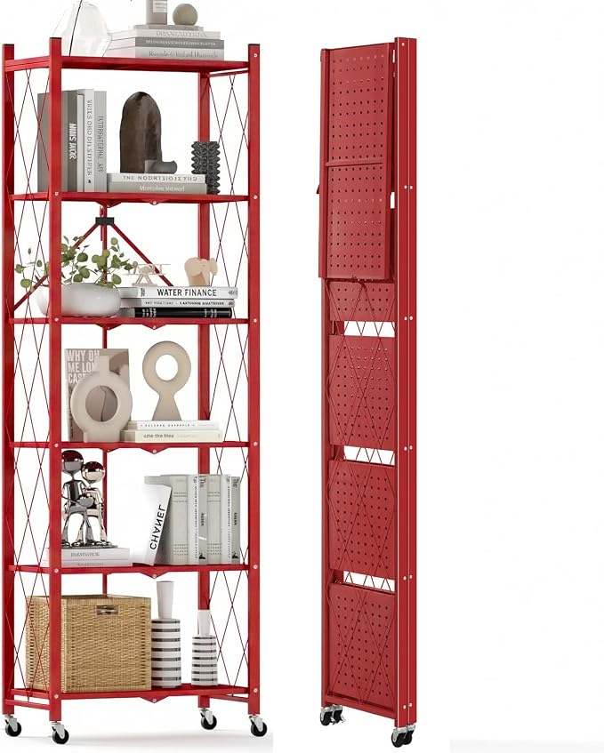 DEANIC 6-Shelf Folding Bookcase with Wheels, Heavy Duty Storage Shelves, Freestanding Metal Wire Shelving Unit for Living Room, Office, Kitchen, Basement, Pantry (Red) by ShowNow