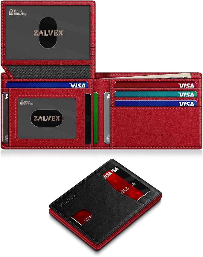 ZALVEX Wallet for Men Slim RFID Blocking Leather Credit Card Holder Wallet | 14 Cards Bifold Minimalist Thin Wallet with 2 ID Windows & Cash Slot Front Pockt Carteras Para Hombres Birthday Gifts for Men by ZALVEX