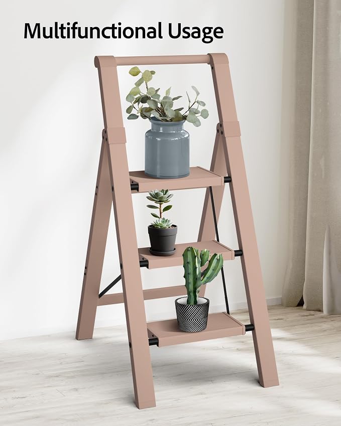 Taranta 3 Step Ladder,Aluminum Step Stool Foldable-Peach Pink | Folding Ladder with Handgrip,Wide Top Pedal,330lbs Capacity Stepladder for Home,Office,Kitchen - Image 8