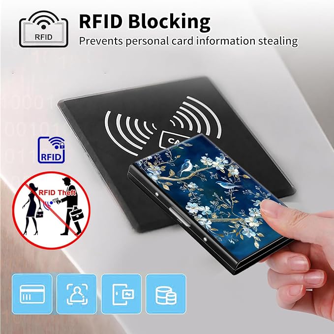 Metal Wallet,Credit Card Holder for Women Men,RFID Blocking Card Holder Wallet Mini Slim Aluminum Wallet ID Case Hard Card Case Business Card Holder Case,Blue Bird Flower - Image 3