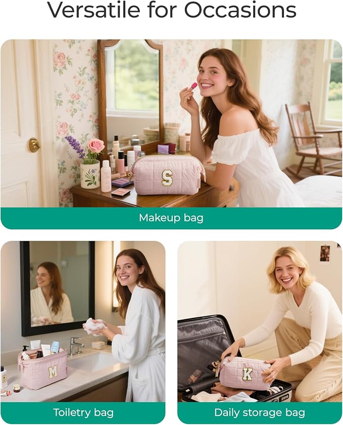 BAGSMART Birthday Gifts Personalized Initial Makeup Bag, Trendy Stuff Gifts for Women Bridesmaid Graduation, Puffy Padded Make Up Bags for Women, Wide-open Toiletry Bag, Pink A - Image 7