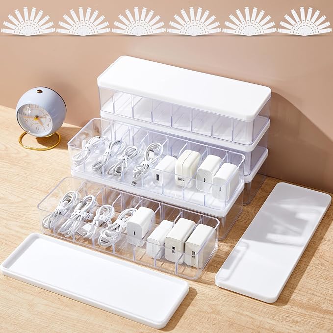 Tatuo 6 Pcs Cord Organizer for Drawer Desktop, Cable Organizer Box with 8 Compartments and Wire Ties, Plastic Charger Storage with Lid, Electronics Case for Home Office Accessories (Small,Clear,White) by Tatuo