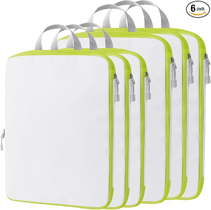 Compression Packing Cubes, 6 Set Packing Cubes for Travel Compression, Lightweight Compressible Package Organizer for Carry On and Suitcases, White and Green by OPLEBEPE