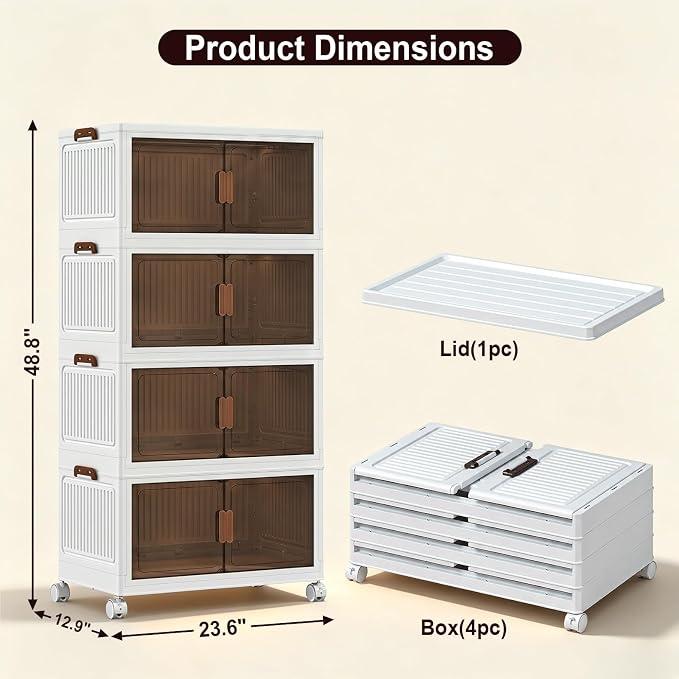 220QT Stackable Storage Bins With Lids, Collapsible Plastic Storage Bins with Wheels and Doors, Foldable Plastic Cabinets for Bedroom Dorm Garage - Image 3