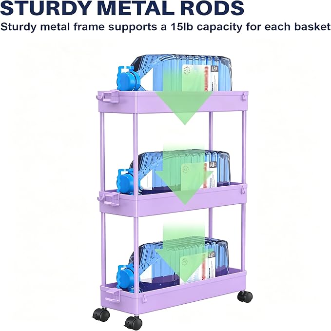 Slim Storage Cart 3 Tier,Bathroom Organizer Rolling Utility,Mobile Shelving Unit Slide Out for Office, Kitchen, Laundry Room & Narrow Places,Purple - Image 3