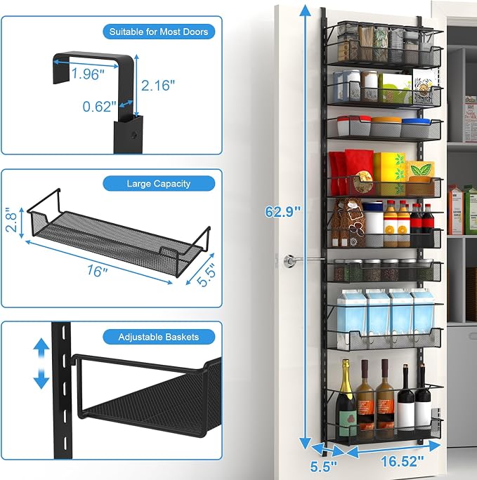 VyGrow Over the Door Pantry Organizer, 8-Tier Over the Door Organizer with Adjustable Basket, Pantry Door Organization for Pantry Kitchen Storage Room Spice Rack, Black - Image 3