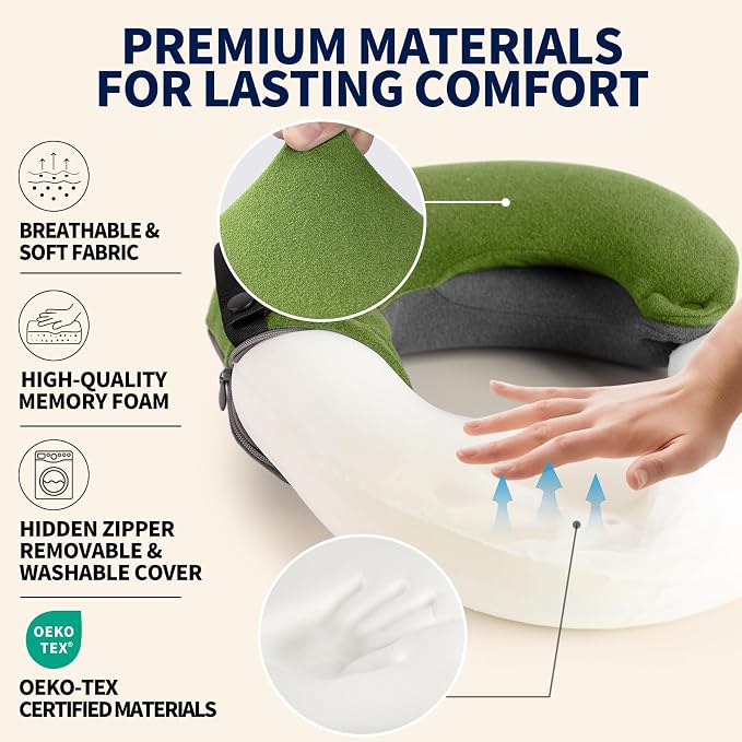 Kids Travel Pillows for Airplane, Memory Foam 360° Head Support Sleeping Essentials for Long Flight, Skin-Friendly Soft Neck Pillow for Traveling in Car Seat, (Small, Green Grey, 40-90 lbs) - Image 5