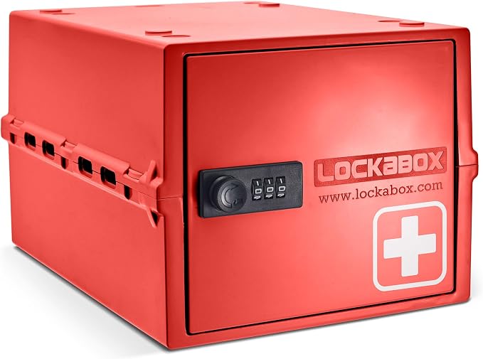 Lockabox One™ | Premium Medicine Lock Box | Medium Medication Lock Box With Code For Medicines, Vitamins & Supplements | External Size 12 x 8 x 6.6 inches (Medi Red) by Lockabox