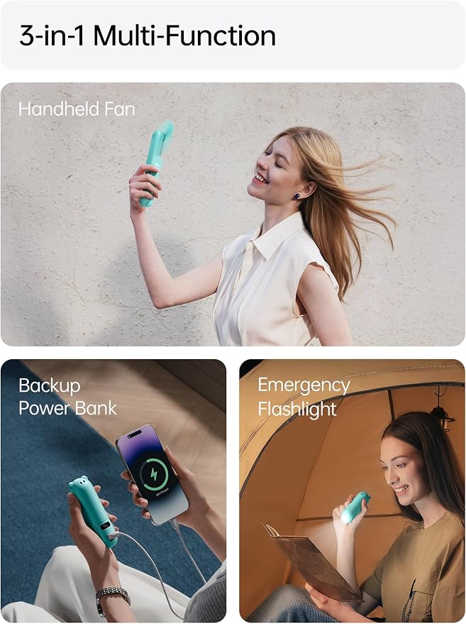 JISULIFE Portable Handheld Fan, 3 In 1-Fan, Power Bank, Flashlight, Cyan | Mini Cooling Essential for Outdoor, Small, On-the-Go Pocket Hand Design, 24 Hours, Auto Shut-Off Safety Soft Blade - Image 3