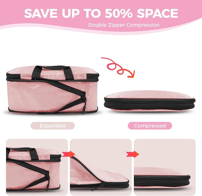 Compression Packing Cubes for Carry On Travel, 8-Piece Luggage Organizers | Women Stylish Packing Cubes for Carry-On & Suitcase , Perfect for Vacation Cruise, Weekend Getaways - Light Pink - Image 3