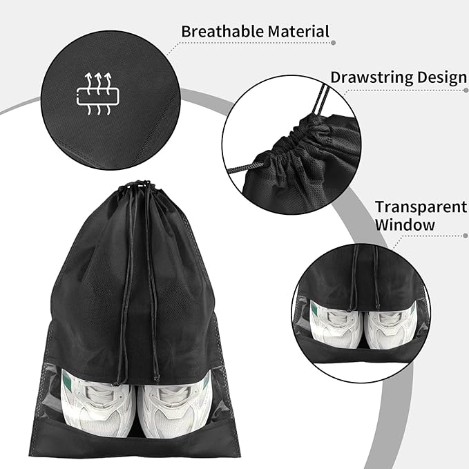 20 Pack Shoe Bags for Travel, Large Travel Shoe Bag for Packing with Window | Dustproof Drawstring Travel Shoe Storage Bags Travel Essentials for Men & Women, Black - Image 3