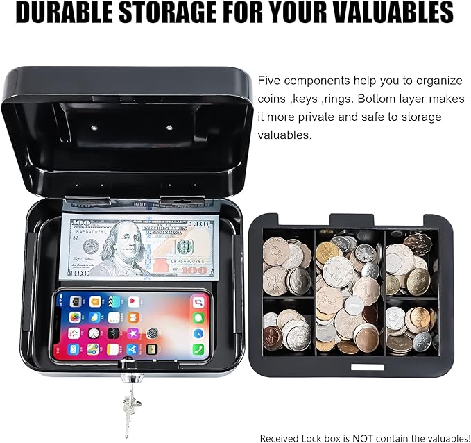 KYODOLED Small Metal Lock Box with Key for Cash and Medication, 2 Pack | Portable Handle, Removable Coin Tray, Lower Storage for Bills and Small Items, Ideal for Gifting, 7.87 x 6.3 x 3.35 in, Black - Image 5