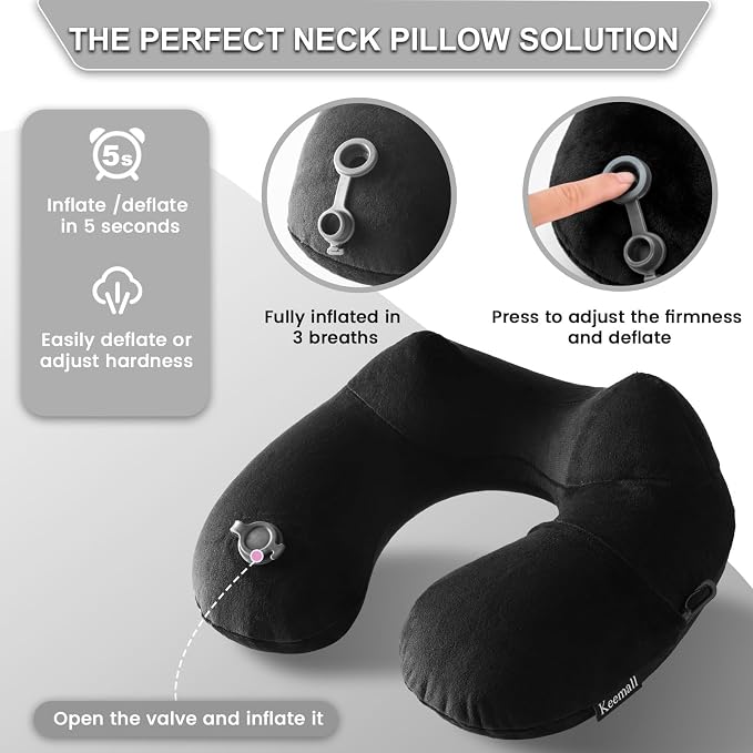 Keemall Portable Inflatable Travel Neck Pillow for Airplane, Car & Office | Ergonomic Velvet Cervical Cushion Relieves Neck Pain, Great for Business Travel, Plane, Car & Daily Commute, Premium Black - Image 2