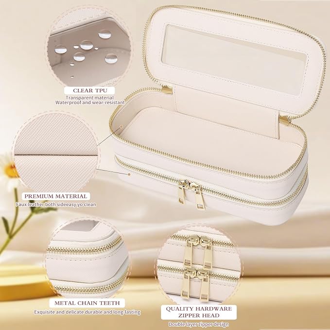 Pinkmik Double Layer Makeup Bag, Beige, Double SLIM | Makeup Brush Case, Waterproof, Travel Cosmetic & Toiletry Organizer - Image 6