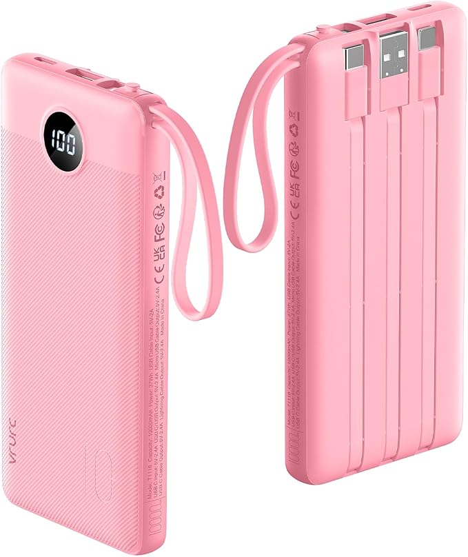 VRURC Portable Phone Charger, Built-in 4 Cables USB C Power Bank 10000mAh | Slim Power Bank for Travel,5 Output 2 Inpput Charging Bank,Multi Devices Battery Pack for iPhone,Android-Barbie Pink(1 Pack) by Home