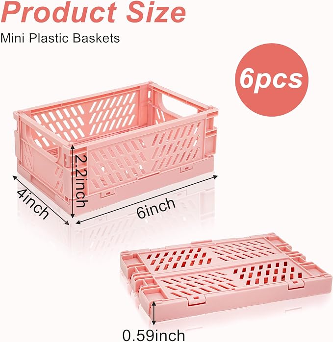 6 Pack Mini Foldable Small Plastic Baskets for Organizing and Storage，Collapsible Storage Crates,Mini Bins for Home Kitchen Bedroom Bathroom Office (Pink, Small 6x4x2.2) - Image 2